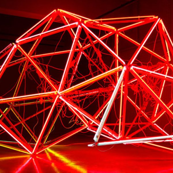 Carlos Coronas, Lampyridae, 2014.  Tubos de neón, cables, estructura madera. Instalación en el centro MAG de Elche