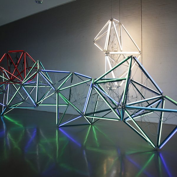 Carlos Coronas. Lampyridae, 2014. Tubos de neón, cables, estructura madera. Instalación en el centro MAG de Elche