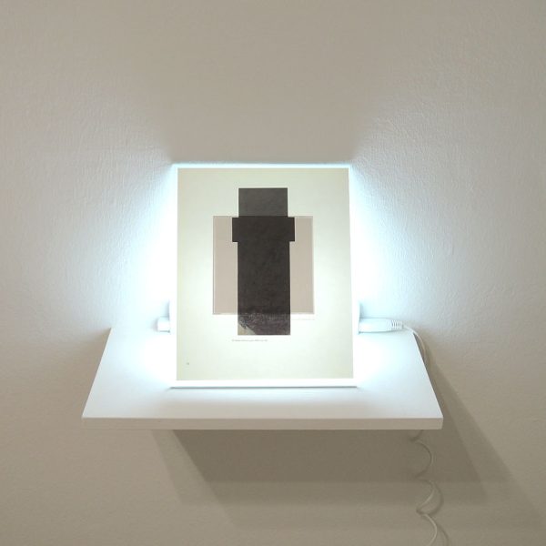Misha Bies Golas. S/T, 2015. Madera, cristal, hoja de catálogo y fluorescente. Edición 3 + 1