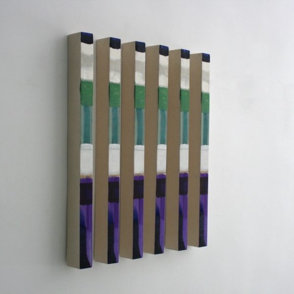Plágaro. Cuadros Iguales, 2015. Técnica mixta sobre loneta montada en madera. Serie de 6 unidades. 77 x 7 x 5 cm unidad. Diferentes posiciones