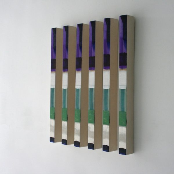 Plágaro. Cuadros Iguales, 2015. Técnica mixta sobre loneta montada en madera. Serie de 6 unidades. 77 x 7 x 5 cm unidad. Diferentes posiciones