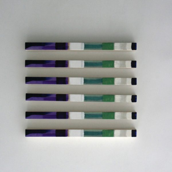 Plágaro. Cuadros Iguales, 2015. Técnica mixta sobre loneta montada en madera. Serie de 6 unidades. 77 x 7 x 5 cm unidad. Diferentes posiciones