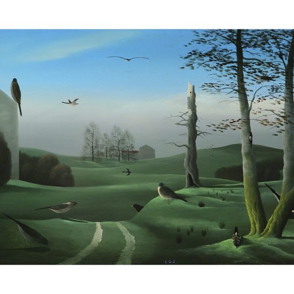 Paisaje con Pájaros, III, 2015. Óleo sobre latón. 45 x 70 cm