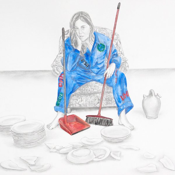 Autorretrato, No pienso recoger los platos rotos I, 2019. Watercolor and graphite on paper. 100 x 70 cm