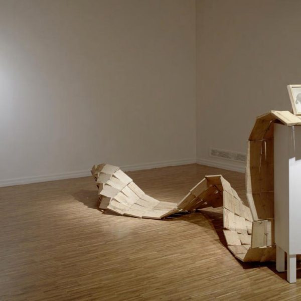 Adolfo Manzano. Bajo la superficie un corazón late 2, 2016. Madera de castaño y sistema de audio. Dimensiones variables