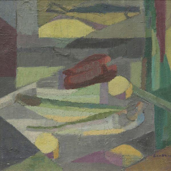 M. Gómez-Morán. Naturaleza muerta. Hortalizas, Paris 1956. Óleo sobre arpillera. 38 x 47 cm