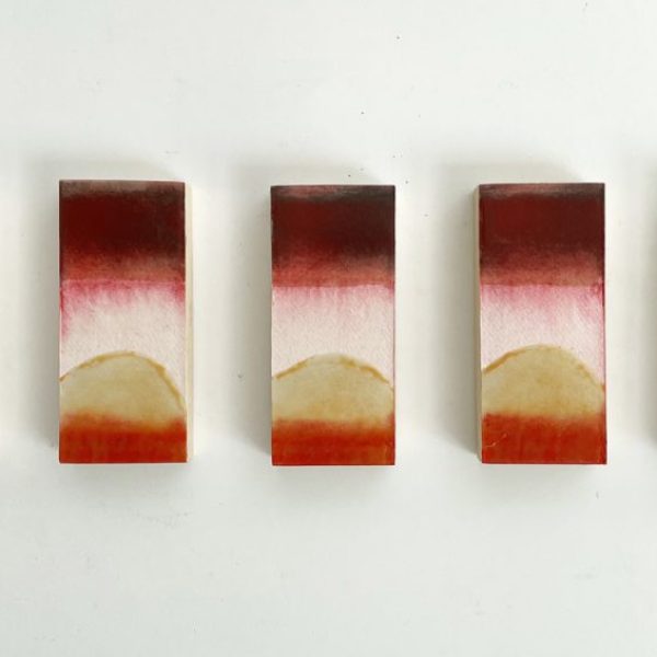 Plágaro. Identical papers, 2022. Ref P015. Mixed media on 640 grs. Indian rag paper glued on wood. Set 5 units 16 x 55 x 3 cm. Unit 16 x 7 x 3 cm