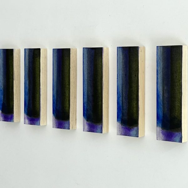 Plágaro. Identical papers, 2022. Ref P022. Mixed media on 640 grs. Indian rag paper glued on wood. Set 6 units 24 x 67 x 3 cm. Unit 24 x 7 x 3 cm
