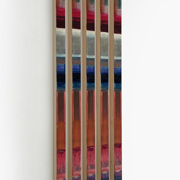 Plágaro. Ref. P027. Identical Papers, 2024. Mixed media on 640 g Indian rag paper on wood. Set of 5 units. 200 x 55 x 5 cm. Different positions.