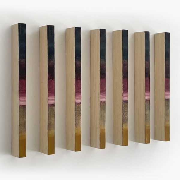 Plágaro. Ref P029. Identical Papers, 2024. Mixed media on 640 g. Indian rag paper on wood. Set of 7 units. 50 x 51 x 7 cm. Different positions.