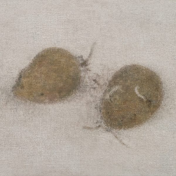 Galano. Dos patatas, 2023. Óleo sobre lino pegado a tabla. 21 x 28 cm