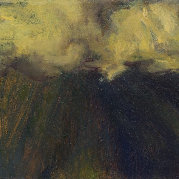 Morgan Bancon. Paisaje con nubes, 2025.  Óleo:sobre lienzo. 24 x 33 cm
