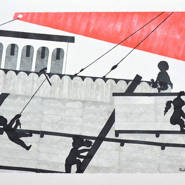 Nicholas F. Callaway
Bergantín veneciano, 2023.
Estampación de sellos de goma tallados a mano sobre papel Guarro Basik. 35 x 50 cm