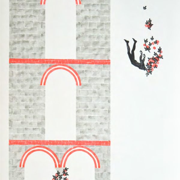 Nicholas F. Callaway. El salto, 2022.
Estampación de sellos de goma tallados a mano sobre papel Guarro Basik.
 100 x 70 cm