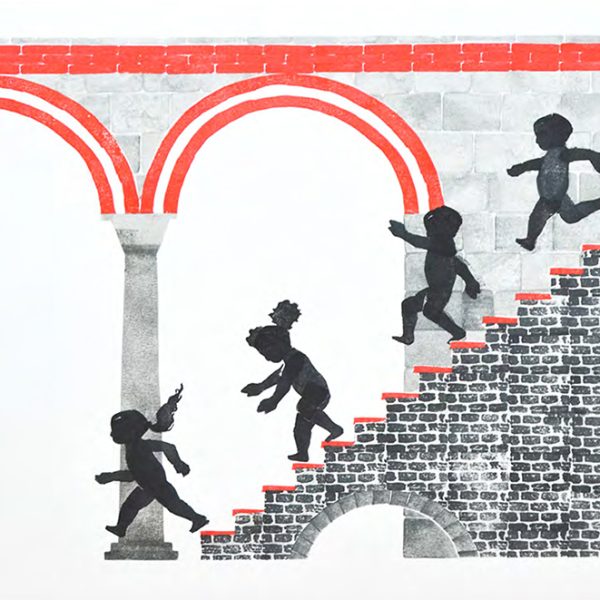 Nicholas F. Callaway
La escalera, 2023.
Estampación de sellos de goma tallados a mano sobre papel Guarro Basik. 35 x 50 cm