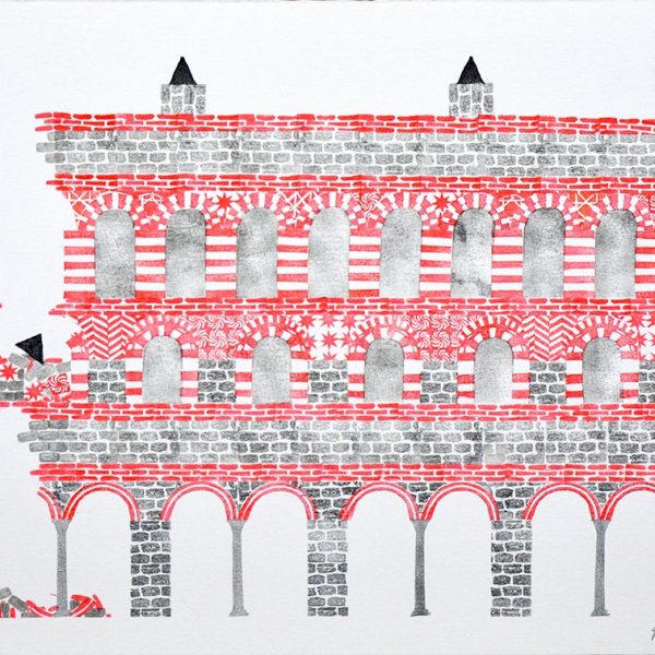 Nicholas F. Callaway.
Palacio dañado, 2021.
Estampación de sellos de goma tallados a mano sobre papel Guarro Basik.
35 x 50 cm