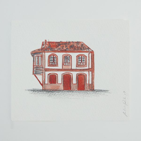 Natalia Pastor. Casina tejado vegetación. Acuarela y grafito sobre cartulina 12,2 x 14,2 cm