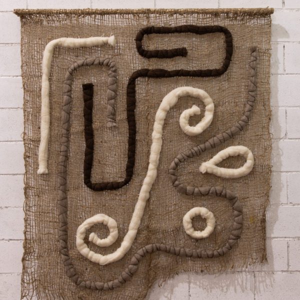 Irene Trapote. Fibra camino- II, 2026.
 Bordado a mano con lana merina
 peinada sobre trama de yute. 
Hilo de lana de oveja xalda asturiana.
200 x 140  cm